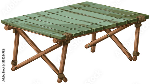 The image shows a digital illustration of a rustic, rectangular wooden table. The table top is a light green color and appears to be made of several planks of wood. The legs are constructed of
