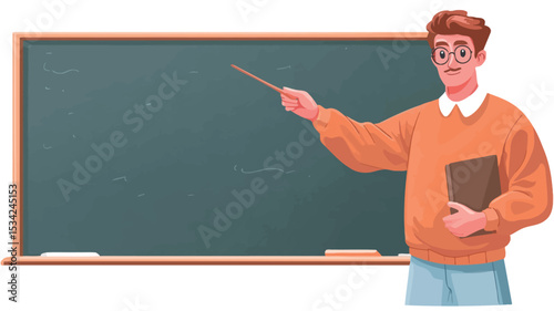 Illustration of a young man with short brown hair and glasses wearing an orange sweater and light blue pants. He is holding a brown book under his left arm and pointing with a wooden pointer