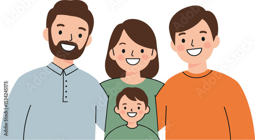 Smiling cartoon family illustration with father, mother, two sons, cheerful portrait concept, happy together, parenting love, lifestyle bonding image flat vector illustration