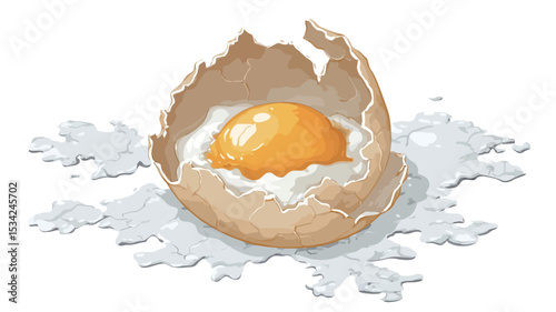A digitally rendered illustration depicts a broken eggshell with a visible yolk and egg white. The eggshell is light brown with irregular cracks and is situated on a white background with scattered