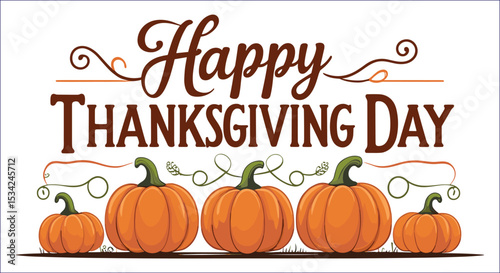 Happy Thanksgiving Day Design With Pumpkins And Decorative Swirls Vector