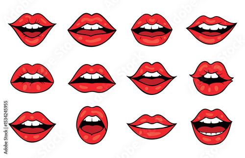 Set of red lips. Vector illustration of female lips expressing different emotions. Isolated on white background.