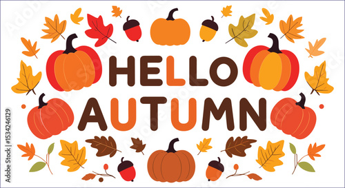 Hello Autumn With Pumpkins Leaves And Acorns Cute Illustration Design