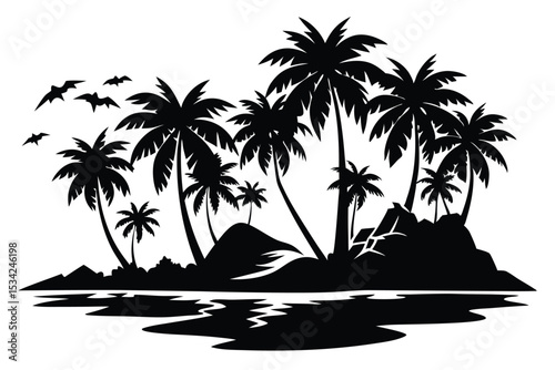 Tropical Island Silhouette with Palm Trees, Rocks, Water Reflections, and Birds Flying Overhead