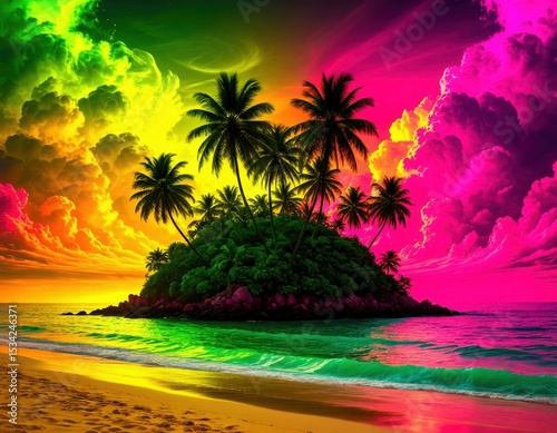 A small tropical island beneath an acidic neon sky glowing in electric yellows and greens.