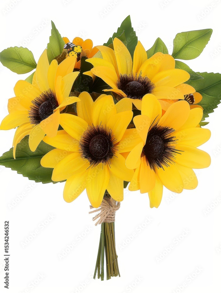 Fototapeta premium Bright and Cheerful Sunflower Bouquet with Green Leaves and Small Insects for Floral Arrangements and Home Decor