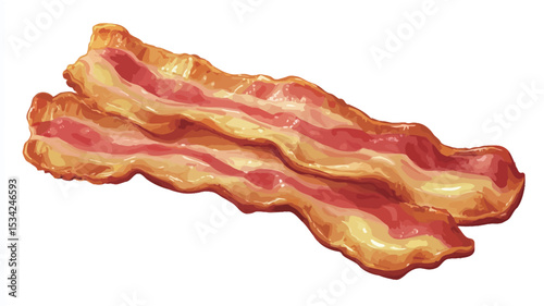 A close-up shot of two strips of cooked bacon. The bacon is presented against a white background. The image showcases the texture and color of the bacon, which is rendered with a high level of