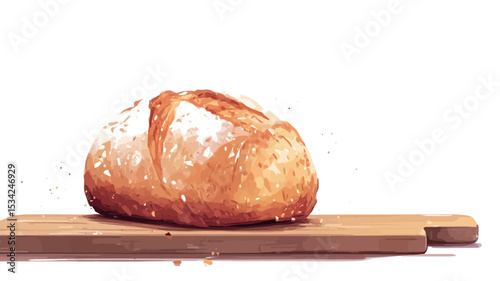 Close-up image of a single loaf of artisan bread resting on a light brown wooden cutting board.  The bread has a slightly irregular, rustic shape with a golden-brown crust and a visible