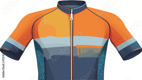 A close-up studio shot of a cycling jersey. The jersey is short-sleeved with a full-length zipper. The design features a color-block pattern with horizontal bands of orange, light grey/blue