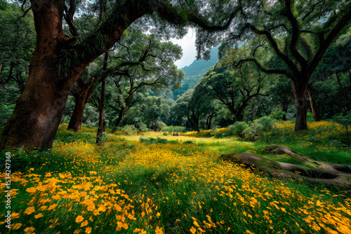Field of Yellow Flowers and Trees. Generative AI