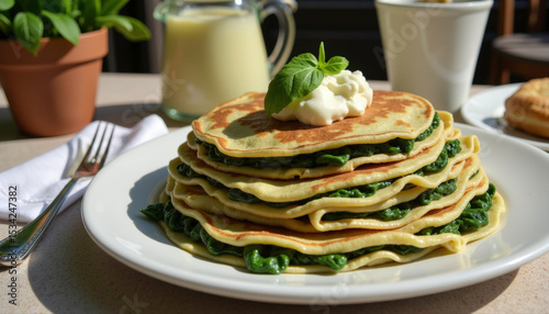 Stack of green pancakes with cream and mint leaves on plate