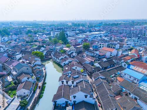Aerial view of Luodian Ancient Town on sunny day, One of the most famous ancient towns in Shanghai.