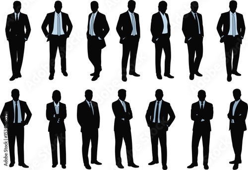 Silhouette Collection of Business Professionals in Suits, Featuring Various Poses for Professional Design and Illustration
