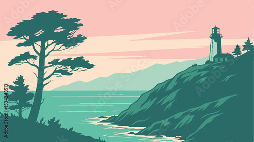 Coastal Lighthouse Scene Design featuring a majestic tree and serene ocean landscape perfect for branding and logos