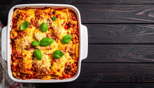 Delicious freshly baked lasagna topped with vibrant basil leaves presented in a white baking dish, placed on a dark wood background with ample copy space.