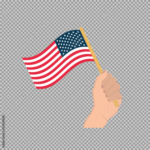 Hand holding USA flag in flat style on transparent background, perfect for patriotic themes.