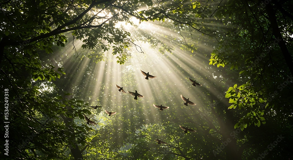 Obraz premium Breathtaking nature image of vibrant green foliage and birds bathed in brilliant morning light.