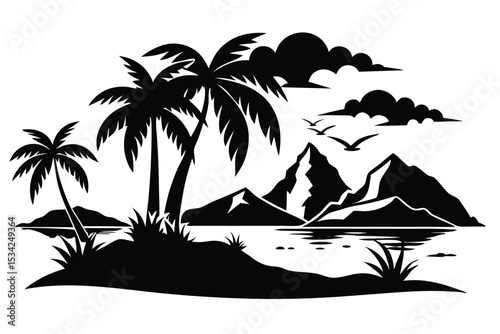 Black Silhouette of a Tropical Island Landscape with Palm Trees, Mountains, and Water