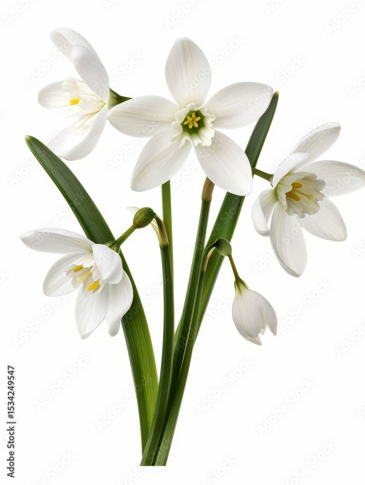 Delicate White Snowdrop Flowers with Elegant Petals and Green Leaves Isolated on White Background for Nature and Floral Themes Delicate White Snowdrop Flowers with Elegant Petals and Green Leaves Isolated on White Background for Nature and Floral Themes