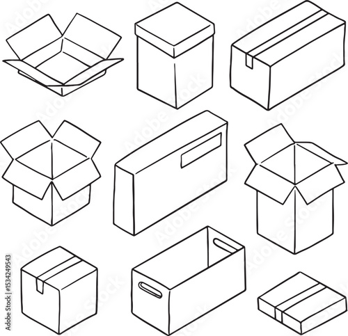Hand-drawn cardboard and paper boxes in various shapes, sizes, and states, including closed, open, and damaged. This versatile doodle set is perfect for designs related to shipping, delivery, storage.