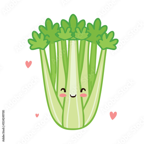 Happy celery illustration with blushing cheeks and heart shapes around it