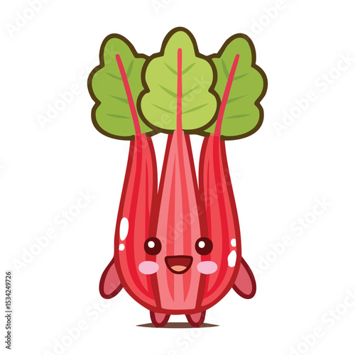 A charming cartoon rhubarb character smiling and standing