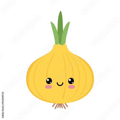 A cheerful onion with a smiling face, and green sprout ready to be used in various dishes
