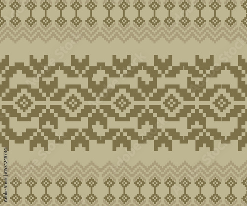 Cross-stitch embroidery pixel art seamless earth tone pink abstract flowers pattern design for home decor, garment, scrap book cover, detail vector illustration.