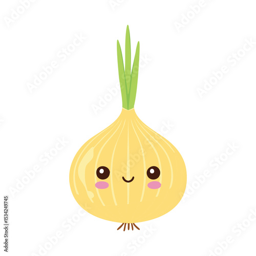 Cute cartoon onion with a happy face and green sprouts