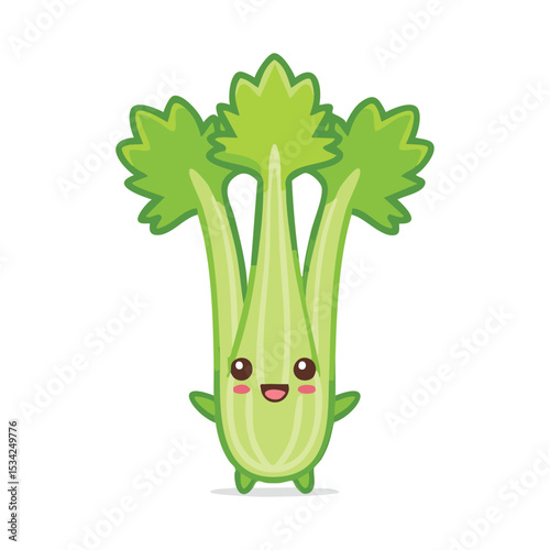 A smiling cartoon celery with a friendly face, showcasing its freshness and appealing appearance