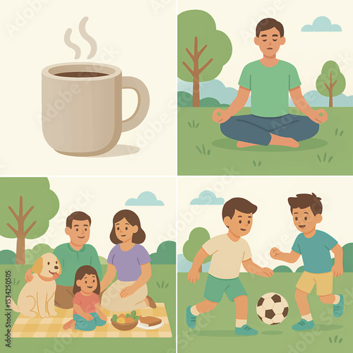 Illustration depicting a family having quality time outdoors: a peaceful picnic, meditation, enjoying coffee, and playing soccer in a scenic park setting.