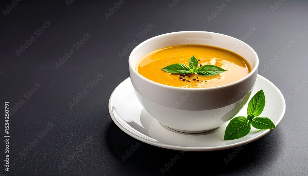 A bowl of creamy pumpkin soup garnished with fresh basil leaves sits atop a white saucer against a dark background, inviting a warm and comforting meal today. A bowl of creamy pumpkin soup garnished with fresh basil leaves sits atop a white saucer against a dark background, inviting a warm and comforting meal today.