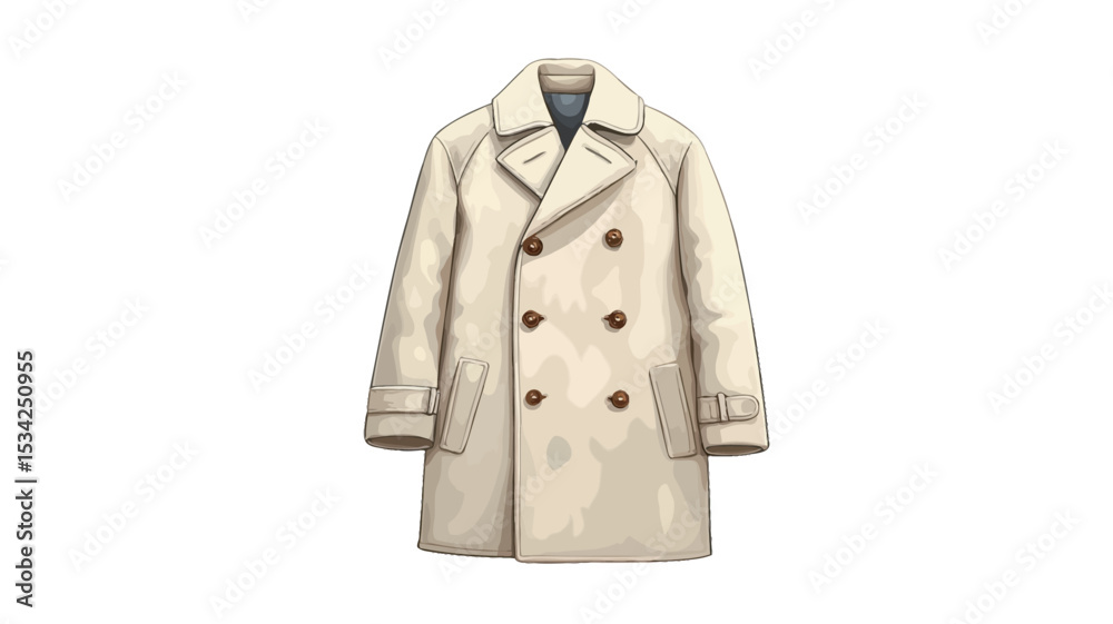 Naklejka premium A digital illustration of a cream-colored, double-breasted peacoat. The coat is shown hanging against a pure white background. The coat has a notched lapel, four visible buttons down the front,