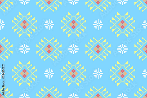 Cross stitch pattern concept showcasing traditional ethnic geometric pattern, Design for textile, background,carpet,wallpaper,clothing,wrapping,Batik,fabric,Vector illustration	
