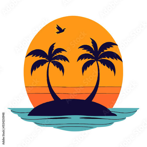 Tropical island sunset with palm trees and bird