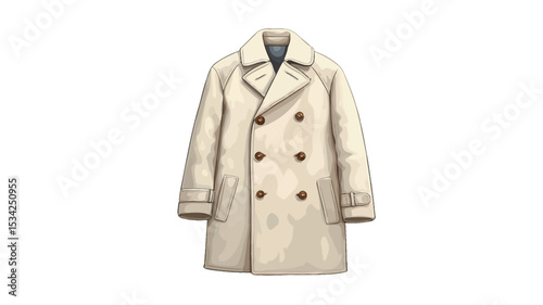 A digital illustration of a cream-colored, double-breasted peacoat.  The coat is shown hanging against a pure white background. The coat has a notched lapel, four visible buttons down the front,