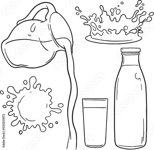 hand-drawn illustration featuring a bottle and glass of water, and scenes of pouring water from a jug and a tap. This doodle set is perfect for designs related to hydration, healthy living, cooking.