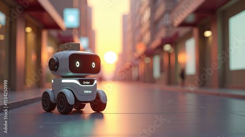 A detailed 3D depiction features a friendly autonomous robot delivering a package along a luminous sidewalk at sunset, offering clear copy space for branding or design on the composition's right.