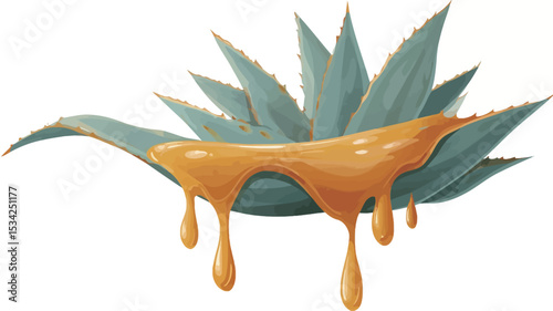 A digital illustration depicting a portion of an agave leaf with a generous amount of golden-yellow agave nectar dripping from it.  The agave leaf is rendered in shades of bluish-green, exhibiting