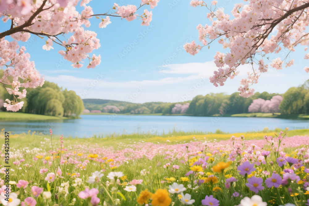 Fototapeta premium Vibrant Floral Field with Water View