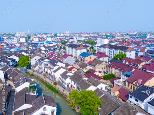 Aerial view of Luodian Ancient Town on sunny day, One of the most famous ancient towns in Shanghai.
