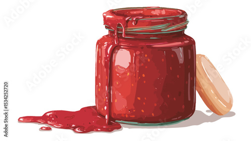 Close-up image of a glass jar filled with red jam.  The jam is overflowing slightly from the jar, and a significant amount has spilled onto a white surface below. The jar is cylindrical with a
