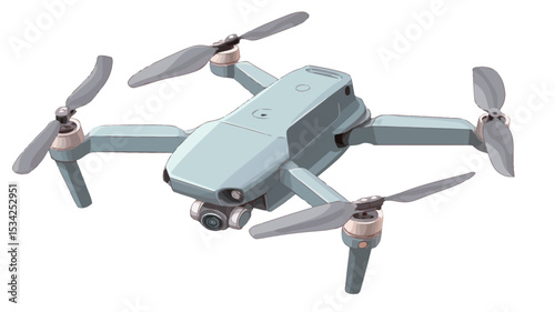 A high-angle, full shot of a light grey quadcopter drone. The drone has four rotors with propellers, a central body with a visible camera on the front, and a sleek, modern design.  