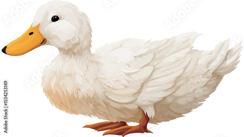 A digital illustration of a white domestic duck. The duck is depicted in a side profile view, facing left.  It is predominantly white with a yellow beak. The feathers appear fluffy and detailed,