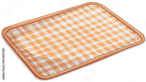 A high-angle, close-up studio shot of a rectangular placemat. The placemat features a gingham pattern in shades of orange and white. The material appears to be a fabric or textile with a slightly