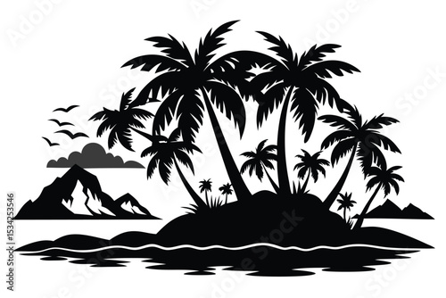 Black and White Silhouette Illustration of a Tropical Island Paradise with Mountains