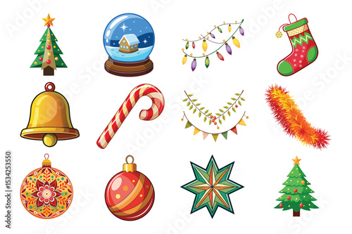 Adorable illustrated christmas decorations set featuring holiday ornaments and festive elements isolated