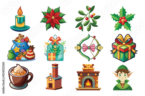 Colorful christmas elements collection featuring candles poinsettias presents and festive decorations