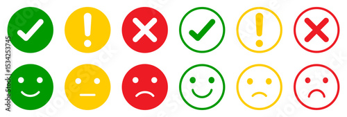 Set of green, yellow, and red round icons showing check marks, cross mark, alerts, and emoticons. Set of flat round check mark, exclamation point, X mark icons, buttons with feedback emoji vector set.