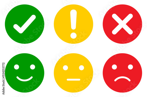 Set of green, yellow, and red round icons showing check marks, cross mark, alerts, and emoticons. Set of colorful check mark, cross, exclamation mark, and emoticons for happy, neutral, and sad moods.